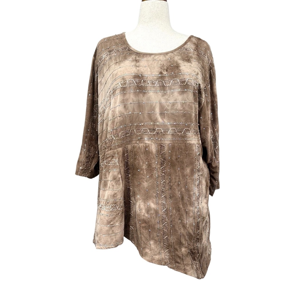 Shannon Ford NY Tunic Top Light Brown Tie-Dye Sequin 3/4 Sleeves Women's 3X Boho